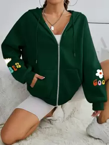 SHEIN EZwear Floral & Slogan Graphic Zip Up Thermal Lined Drawstring Hoodie - Dark Green - View 5