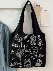 Printed Vest Style Tote Bag Shopping Bag - Black - View 1