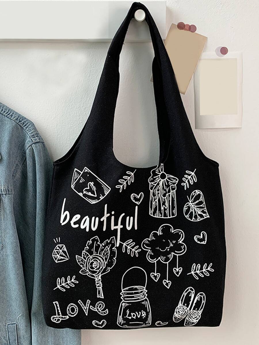 Printed Vest Style Tote Bag Shopping Bag - Black - View 1