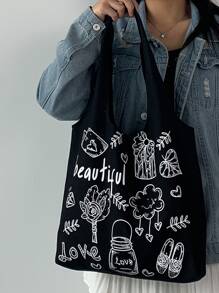 Printed Vest Style Tote Bag Shopping Bag - Black - View 2