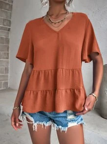Breezaya Butterfly Sleeve Peplum Blouse Peplum Top - Rust Brown - View 3