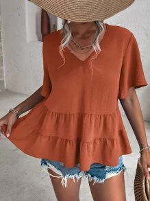 Breezaya Butterfly Sleeve Peplum Blouse Peplum Top - Rust Brown - View 4