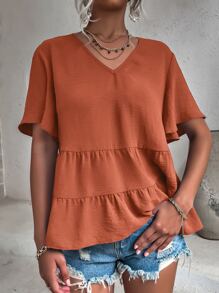 Breezaya Butterfly Sleeve Peplum Blouse Peplum Top - Rust Brown - View 5