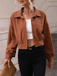 Drop Shoulder Corduroy Jacket - Brown - View 1