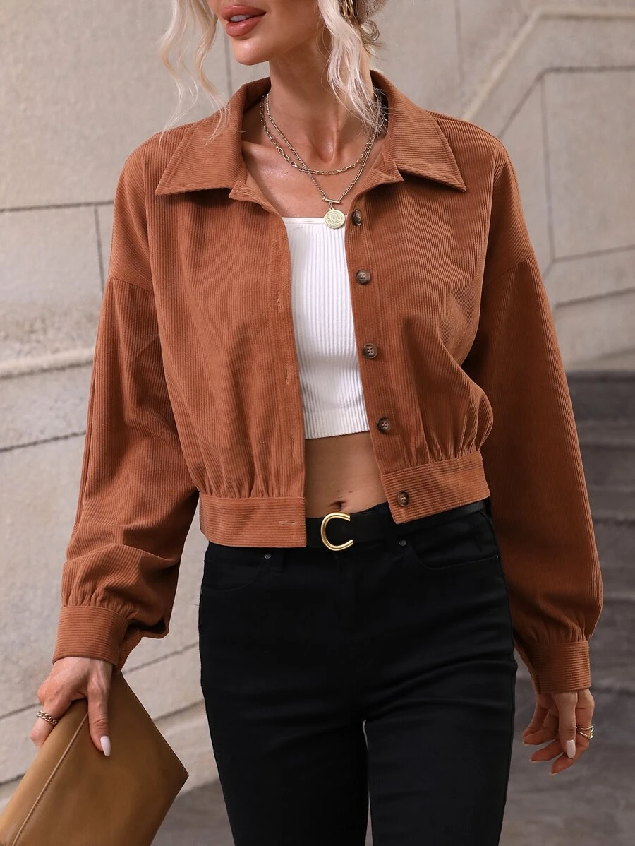 Drop Shoulder Corduroy Jacket - Brown - View 1