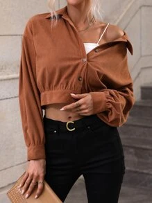 Drop Shoulder Corduroy Jacket - Brown - View 4