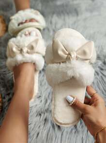 Bow Decor Fluffy Bedroom Slippers,Women's Home Slippers Indoor And Outdoor Warm Fluffy Slippers Women's Autumn And Winter Bow Knot Flat Bottom Home Floor Slippers Women's Large Size White Shoes - White - View 2