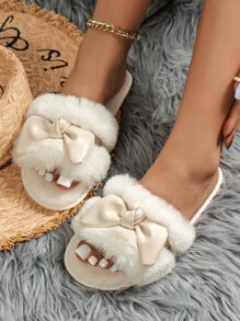 Bow Decor Fluffy Bedroom Slippers,Women's Home Slippers Indoor And Outdoor Warm Fluffy Slippers Women's Autumn And Winter Bow Knot Flat Bottom Home Floor Slippers Women's Large Size White Shoes - White - View 4