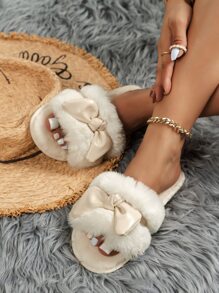 Bow Decor Fluffy Bedroom Slippers,Women's Home Slippers Indoor And Outdoor Warm Fluffy Slippers Women's Autumn And Winter Bow Knot Flat Bottom Home Floor Slippers Women's Large Size White Shoes - White - View 5