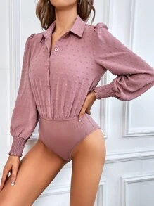 SHEIN LUNE 圓點打褶燈籠袖襯衫連體衣 - 粉色 - 查看 6