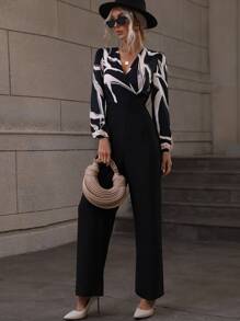 SHEIN Clasi 圖案印花交疊領燈籠袖連身褲 - 彩色 - 查看 4