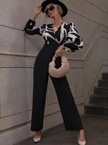 SHEIN Clasi 圖案印花交疊領燈籠袖連身褲 - 彩色 - 查看 5