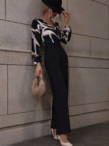 SHEIN Clasi 圖案印花交疊領燈籠袖連身褲 - 彩色 - 查看 6