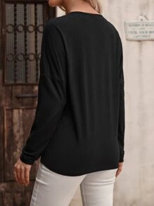 SHEIN LUNE Solid Criss Cross V Neck Drop Shoulder Tee - Black - View 2