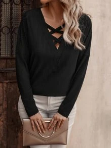 SHEIN LUNE Solid Criss Cross V Neck Drop Shoulder Tee - Black - View 3