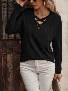 SHEIN LUNE Solid Criss Cross V Neck Drop Shoulder Tee - Black - View 5