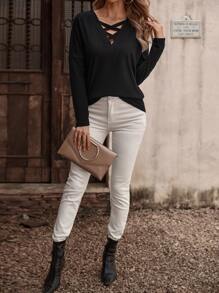 SHEIN LUNE Solid Criss Cross V Neck Drop Shoulder Tee - Black - View 6