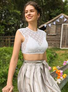 SHEIN VCAY Sheer Lace Crop Top Without Bra - White - View 2