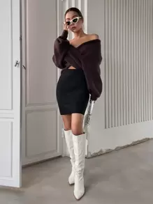 DAZY Solid High Waisted Bodycon Skirt - Black - View 3