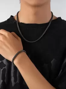 Men Minimalist Chain Necklace & Bracelet - Gun Black - View 1