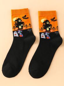Halloween Castle Pattern Crew Socks - Multicolor - View 1
