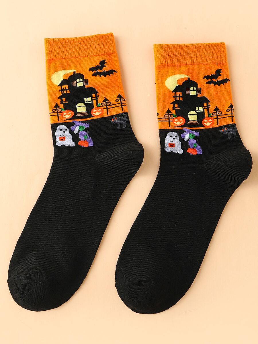 Halloween Castle Pattern Crew Socks - Multicolor - View 1
