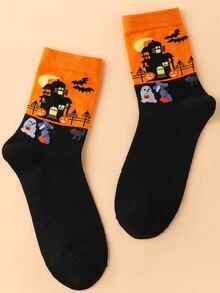 Halloween Castle Pattern Crew Socks - Multicolor - View 2