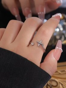 Airplane & Cubic Zirconia Decor Cuff Ring - Silver - View 1