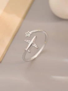 Airplane & Cubic Zirconia Decor Cuff Ring - Silver - View 2