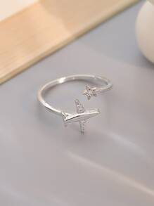 Airplane & Cubic Zirconia Decor Cuff Ring - Silver - View 4
