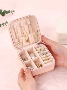 1pc Travel Portable Pu Leather Jewelry Storage Box - Pink - View 6