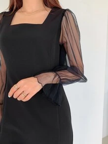 DAZY Contrast Mesh Flounce Sleeve Square Neck Dress Sundress - Black - View 11