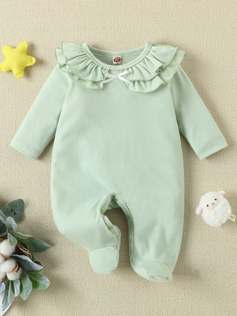 Baby Layered Ruffle Trim Bow Front Footed Sleep Jumpsuit - Mint Green - View 1