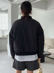 DAZY Drop Shoulder Zipper Bomber Jacket - Black - View 2