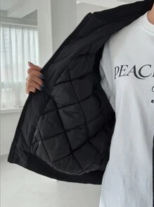 DAZY Drop Shoulder Zipper Bomber Jacket - Black - View 3