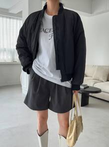 DAZY Drop Shoulder Zipper Bomber Jacket - Black - View 1