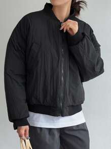 DAZY Drop Shoulder Zipper Bomber Jacket - Black - View 7