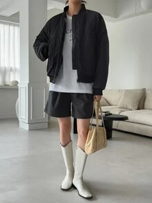 DAZY Drop Shoulder Zipper Bomber Jacket - Black - View 8