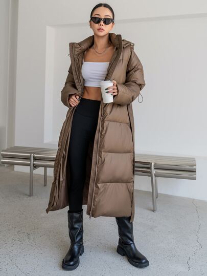 DAZY Nedsänkt axel, dragsko, huva, dragkedja, bälte, tjock puffrock, vinterkläder för kvinnor, vinterkappa för kvinnor