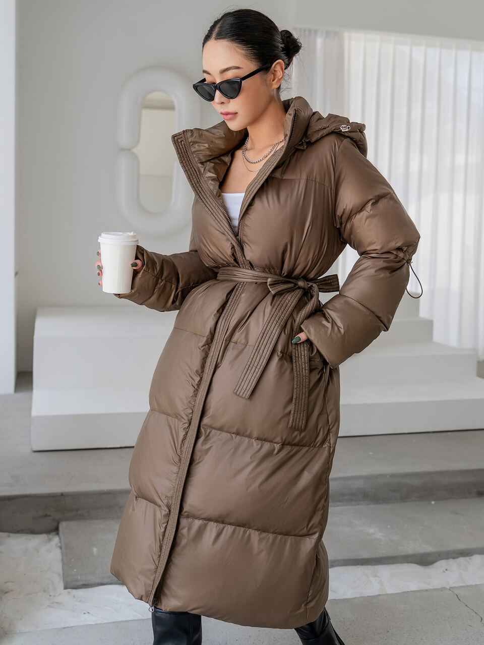 Drop Shoulder Drawstring Hooded Zipper Belted Puffer Thick Coat ,Winter Women Clothes,Winter Coat Women