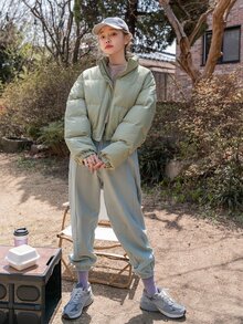 DAZY Zipper Front Drop Shoulder Padded Coat - Mint Green - View 3