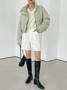 DAZY Zipper Front Drop Shoulder Padded Coat - Mint Green - View 6