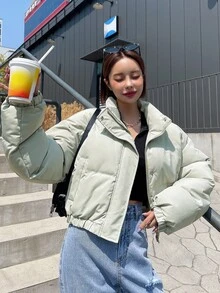 DAZY Zipper Front Drop Shoulder Padded Coat - Mint Green - View 10