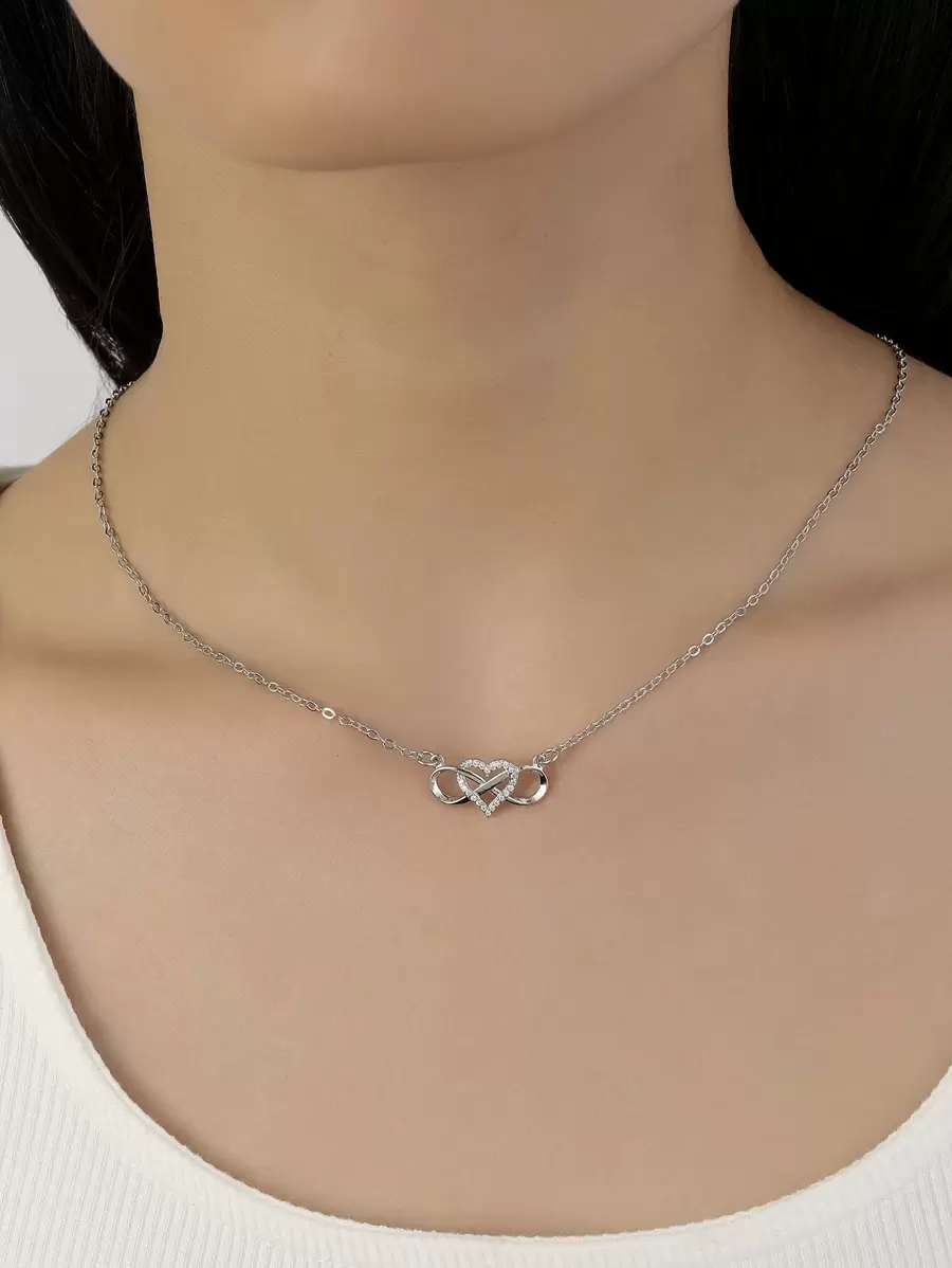 TUANZISP Polyamory Rhinestone Heart & Infinity Symbol Charm Necklace - Silver - View 1
