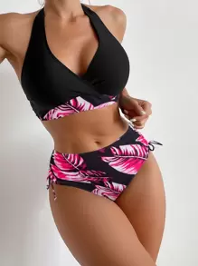 SHEIN Swim Bộ bikini cạp cao bên dây rút in họa tiết nhiệt đới, bãi biển mùa hè - Màu Hồng Tươi - Xem 1