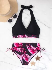 SHEIN Swim Bộ bikini cạp cao bên dây rút in họa tiết nhiệt đới, bãi biển mùa hè - Màu Hồng Tươi - Xem 4