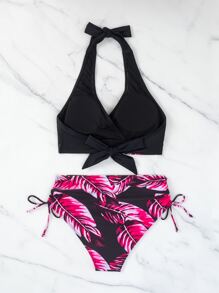 SHEIN Swim Bộ bikini cạp cao bên dây rút in họa tiết nhiệt đới, bãi biển mùa hè - Màu Hồng Tươi - Xem 5