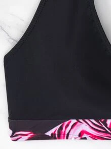 SHEIN Swim Bộ bikini cạp cao bên dây rút in họa tiết nhiệt đới, bãi biển mùa hè - Màu Hồng Tươi - Xem 6