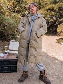 DAZY Drop Shoulder Zipper Hooded Puffer Thick Pockets Coat ,Winter Women Clothes,Winter Coat Women Jacket - Khaki - View 8