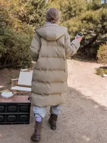 DAZY Drop Shoulder Zipper Hooded Puffer Thick Pockets Coat ,Winter Women Clothes,Winter Coat Women Jacket - Khaki - View 10